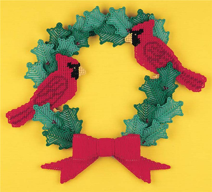 "Cardinal Holly Wreath" Plastic Canvas Pattern